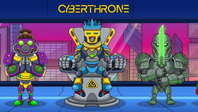 A cartoon video game scene titled "CYBERTHRONE" featuring three robot characters: a green-and-purple female android on the left, a blue robot sitting on a throne with a triangular logo in the center, and a gray armored robot holding a glowing green sword on the right.