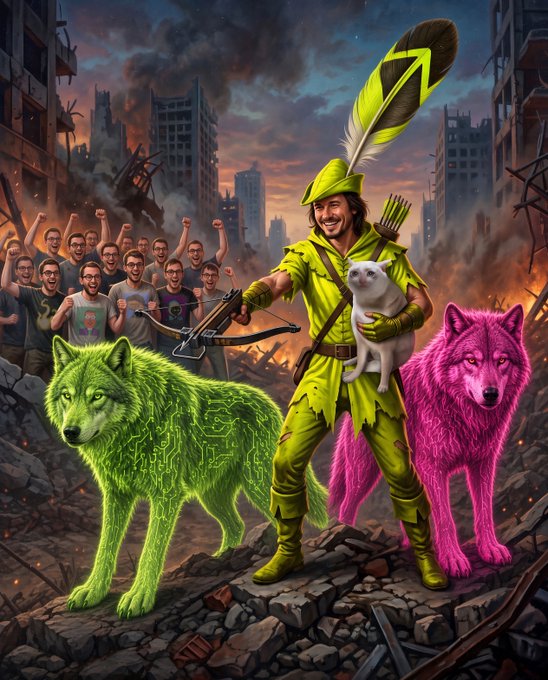 A vibrant fantasy illustration of a green-clad archer with a feathered cap, holding a small white dog, flanked by a neon-green cyber wolf and a magenta wolf, before a cheering crowd and ruined cityscape.