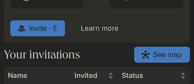 A dark-themed interface displays an "Invite · 5" button, a "Learn more" link, and a "Your invitations" section with a "See map" button above columns for Name, Invited, and Status.