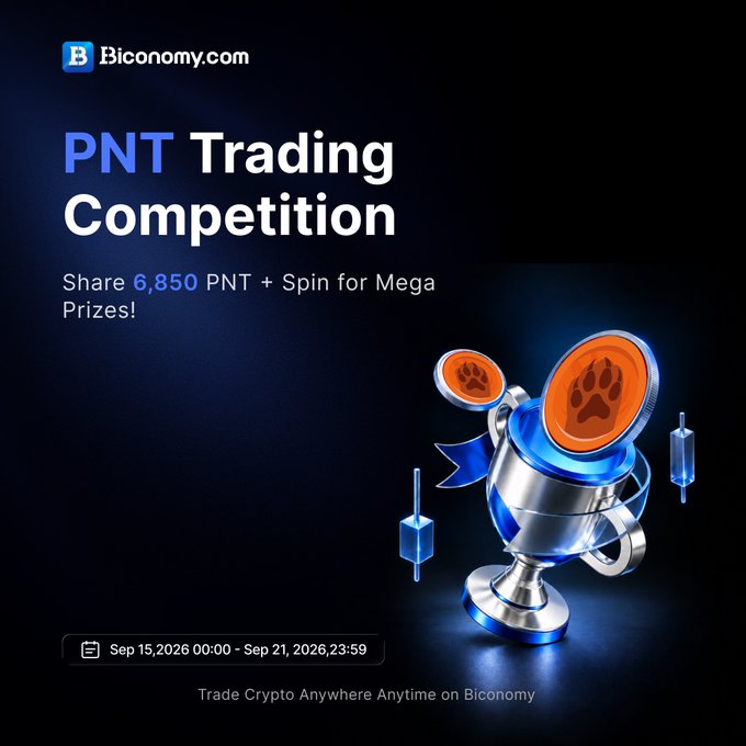 Promotional banner for the 'PNT Trading Competition' on Biconomy.com, offering to share 6,850 PNT + Spin for Mega Prizes from Sep 15-21, 2026.