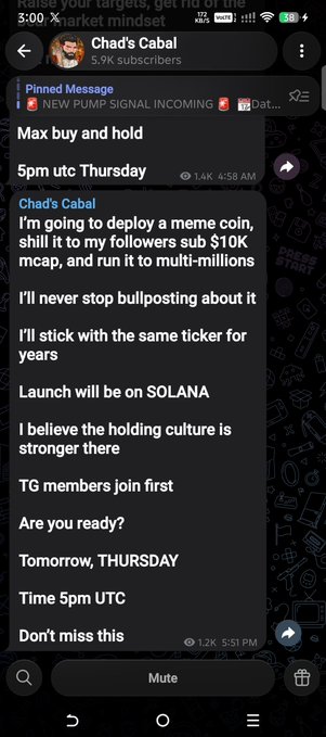A Telegram channel screenshot for 'Chad's Cabal' with 5.9K subscribers, featuring a pinned message about deploying a meme coin and details about a pump signal launch on Solana.