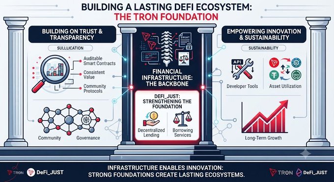 An infographic titled 'Building a Lasting DeFi Ecosystem: The Tron Foundation' illustrating pillars like trust, transparency, and sustainability, featuring logos for TRON and DeFi_JUST.