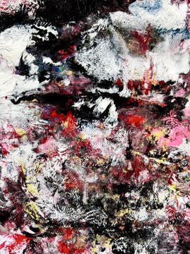An abstract mixed-media artwork with heavily textured, smeared colors in dark red, black, white, and hints of yellow and pink, creating a chaotic and layered composition.