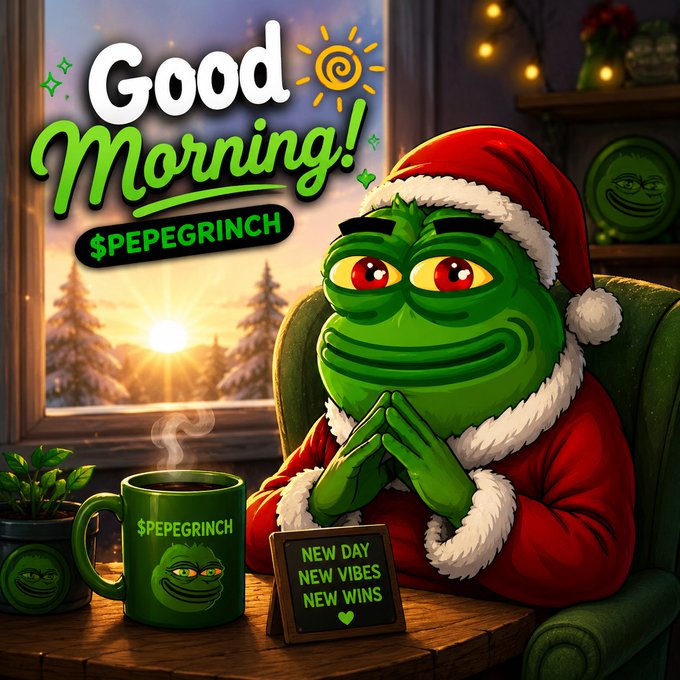 The image features a cartoon frog wearing a Santa Claus outfit sitting at a table with a cup of coffee, possibly enjoying his morning routine or taking a break from work. The background shows a window overlooking a snowy landscape, adding a festive touch to the scene. The caption below the image reads "Good Morning! $PEPEGRINCH Army! A new day means new opportunities, fresh energy, and another chance to make history together #PEPEGRINCH".