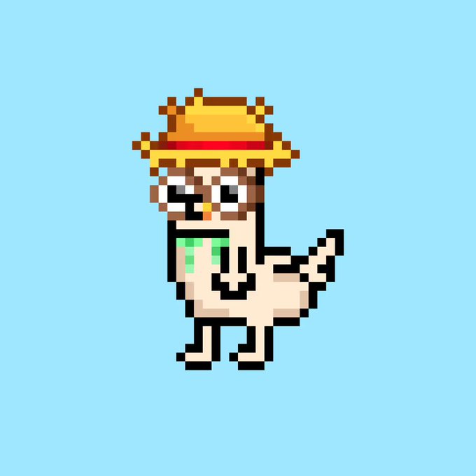A pixel art illustration of a character resembling Monkey D. Luffy from One Piece, wearing his signature straw hat, set against a plain light blue background.