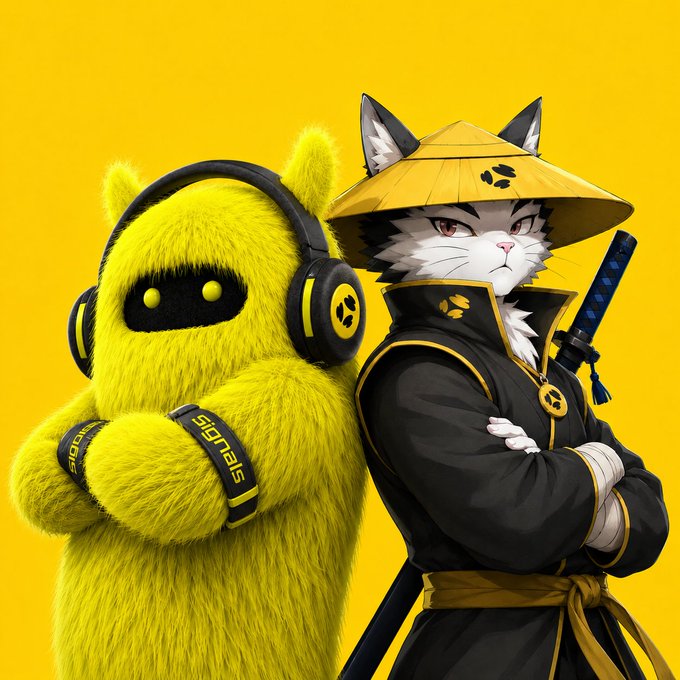 A digital illustration on a yellow background featuring a fluffy yellow robot-like character wearing headphones alongside an anime-style cat samurai in a conical hat holding a sword.