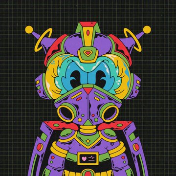 A colorful, stylized digital illustration of a robot or alien character with vibrant purple, yellow, green, and red geometric features on a black grid background.