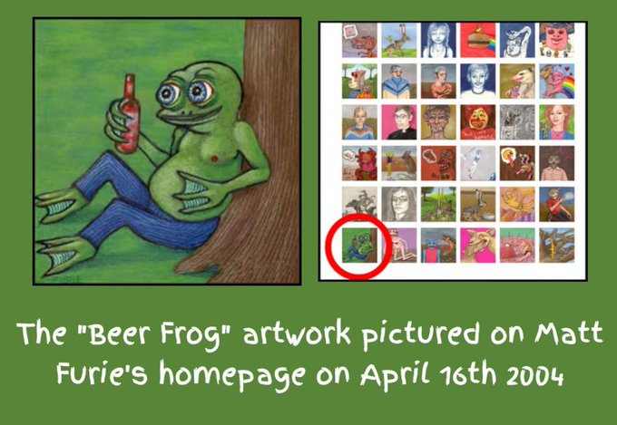 The image displays "Beer Frog" artwork by Matt Furie from his April 16th, 2004 homepage, which is presented alongside a grid of other artworks and a post mentioning "Aped here 6k Could send CFfo7Gg5FRvxkmLwhkDCGavqnTEsoZ9GsFhdVGdBpump".