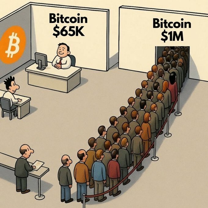 A cartoon illustration showing a massive crowd of people waiting in a long line for Bitcoin at $1M, while a single empty Bitcoin $65K booth sits unattended on the left.