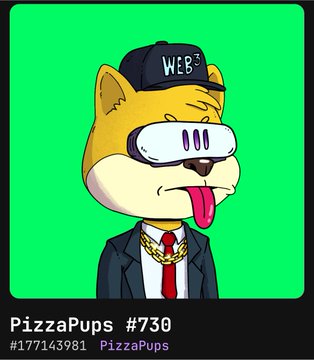 A digital collectible NFT card labeled 'PizzaPups #730' showing an anthropomorphic Shiba Inu dog character wearing a 'Web3' cap, suit, and gold chain with its tongue sticking out, on a green background.