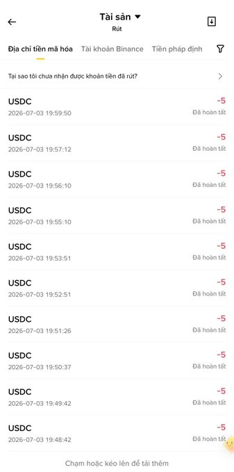 A Binance withdrawal history screen shows 10 completed USDC withdrawals of 5 each (total -50 USDC) sent on 2026-07-03 between 19:48-19:59, serving as proof of the giveaway prizes distributed to the 10 winners.