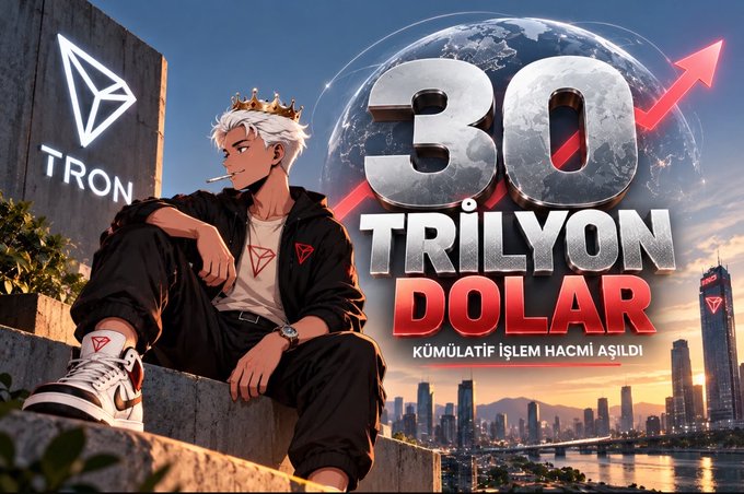 An anime-style character wearing a TRON-branded jacket and crown sits on a ledge against a cityscape backdrop, next to bold text reading "30 TRİLYON DOLAR" (30 Trillion Dollars) with a TRON logo and an upward red arrow, visually celebrating TRON's cumulative transaction volume surpassing $30 trillion.