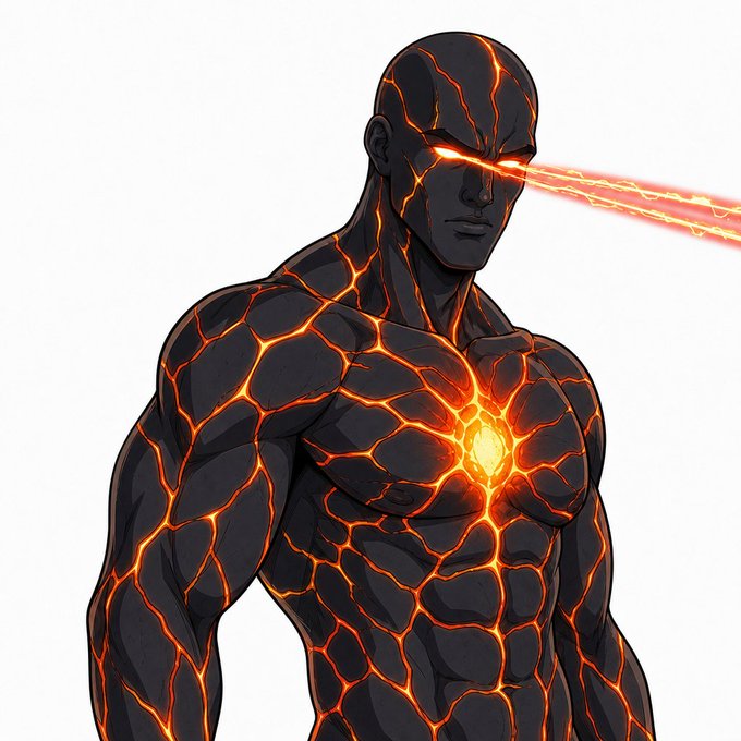 A digital illustration of a muscular humanoid figure made of dark, rocky material with glowing orange, lava-like cracks running throughout its body and emitting a bright laser beam from its eyes.