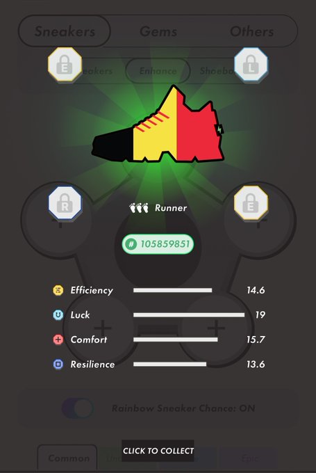 A mobile game screen showing a sneaker NFT item called 'Runner' in black, yellow, and red, with stats for Efficiency 14.6, Luck 19, Comfort 15.7, and Resilience 13.6.