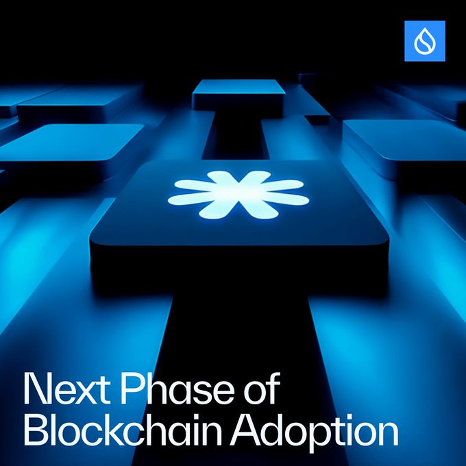 A glowing blue blockchain visualization with a central tile featuring an asterisk-like symbol sits above the text "Next Phase of Blockchain Adoption." The image visually reinforces the post's theme of institutional money moving onchain, suggesting this pivotal transition moment for blockchain technology.
