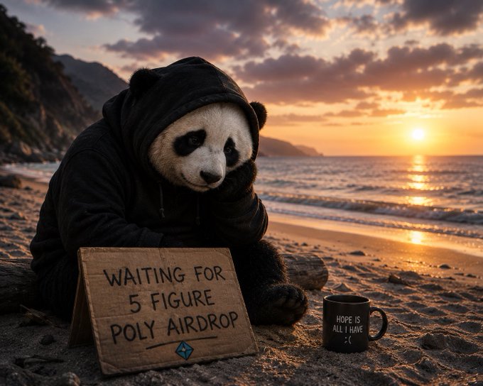 A surreal scene of a person wearing a black hoodie and a panda head mask sitting dejectedly on a beach at sunset, holding a cardboard sign that reads 'WAITING FOR 5 FIGURE POLY AIRDROP' next to a coffee mug reading 'HOPE IS ALL I HAVE :('.
