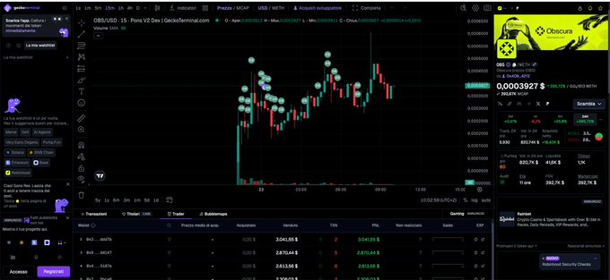 A screenshot of the GeckoTerminal DEX interface displaying a candlestick chart for the OBS/USD trading pair on the PancakeSwap DEX, with a current price of 0.0003927 and notable 24-hour gains highlighted in the context of the user's post about spotting high-performing new token launches early via the platform's new pools feed.
