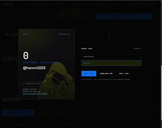 A dark-themed Motion Tips dashboard displays a "Share Card" popup featuring the user @hannn2223 with "0 motion burned" and "settled on chain," alongside a graph showing commit/reconciled burn data. The image visually reinforces the post's message about mindful engagement on the platform, showing that this user has built up minimal burn activity despite participation, illustrating the point that genuine interaction—not sheer volume of posts—drives meaningful rewards on Motion Tips.