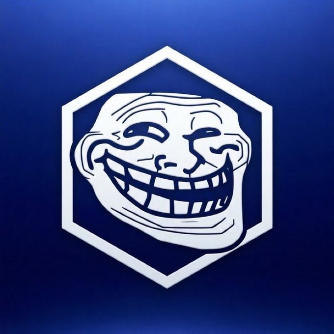 The image features a stylized "Trollface" meme character with its iconic mischievous grin displayed inside a white hexagonal frame on a blue background. This connects to the post's promotion of "$TROLL" as a cryptocurrency, using the popular internet meme to represent the token's branding.