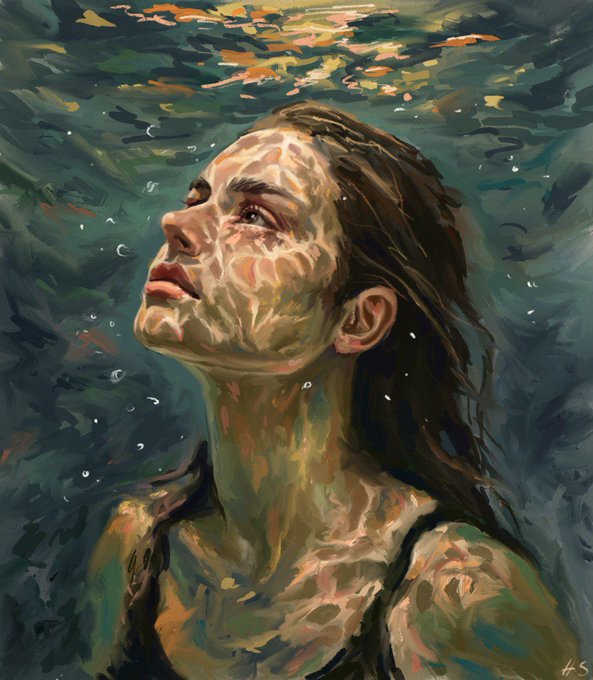 An oil painting depicting a woman submerged underwater, looking upward toward the surface where light filters through in rippled patterns.
