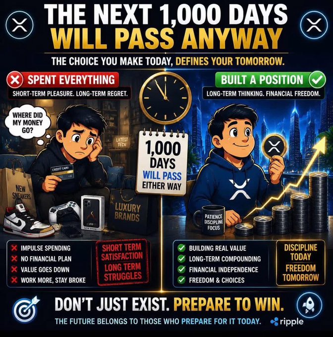 The image features two cartoon boys, one wearing a blue hoodie and holding a coin, while the other boy wears a black hoodie with a coin in his hand. The text above them reads "The next 1,000 days will pass regardless of whether you prepare or not". Below this, there is a list of things to do on the first day of the next chapter: "Short-term pleasure. Long-term thinking. Financial freedom."