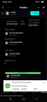A mobile screenshot of the 'OneDex' app interface shows token statistics for 'RARE', including total staked amounts and a transaction success notification.