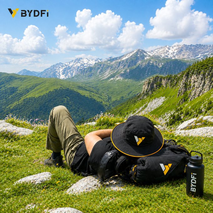 A hiker relaxes on a grassy mountainside overlooking snow-capped peaks, surrounded by BYDFi branded gear including a black hat with a yellow "V" logo, a backpack, and a water bottle—all set against a scenic alpine landscape that mirrors the post's reference to nature's green-and-bullish chart.
