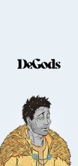 The image appears heavily blurred and shows what looks like a distorted object on a wooden surface with a metallic item above it, though specific details and text are not clearly legible due to the motion blur. The accompanying caption expresses enthusiasm for the DeGods NFT collection with crypto slang, suggesting the image was meant to showcase DeGods content but came out distorted.