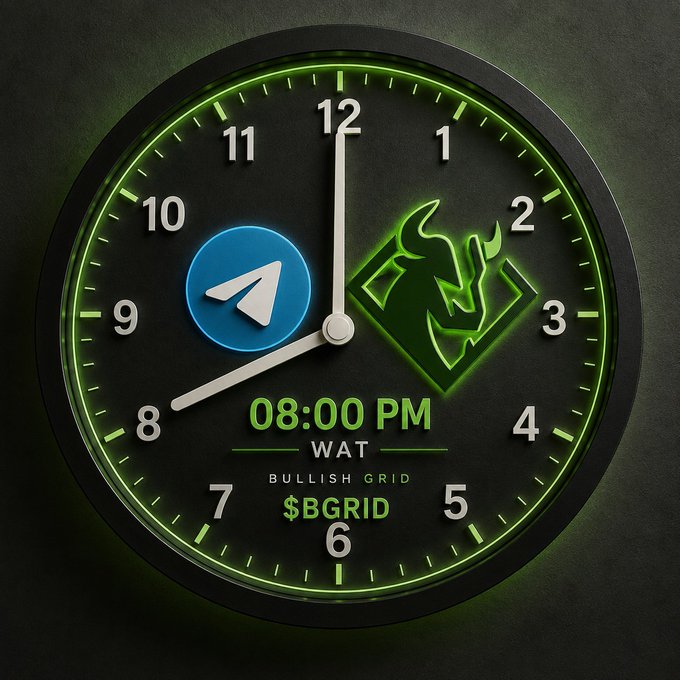 A dark-themed neon green analog clock showing 8:00, featuring a Telegram logo, a diamond logo, and the text '08:00 PM WAT BULLISH GRID $BGRID'.