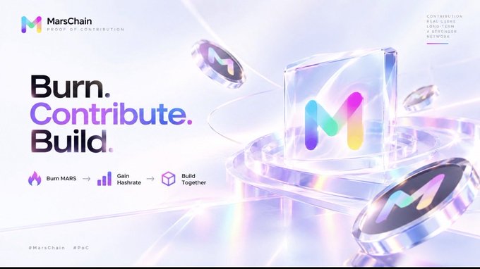 A promotional graphic for MarsChain (ticker MARS) featuring the slogan "Burn. Contribute. Build." alongside floating metallic "M" coins and the hashtag #MarsChain #PoC, visually reinforcing the post's "Burn to Mine" concept by depicting tokens being destroyed in exchange for contribution and ecosystem growth.