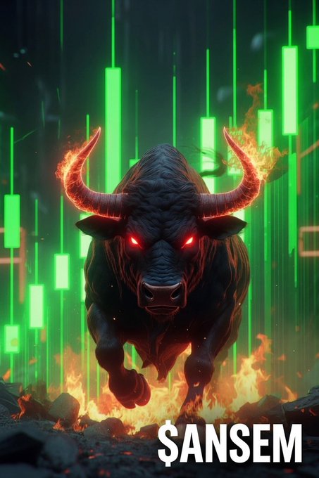 A dramatic image of a charging bull with flaming red horns and glowing red eyes set against a backdrop of green stock candlesticks, with '$ANSEM' text at the bottom.