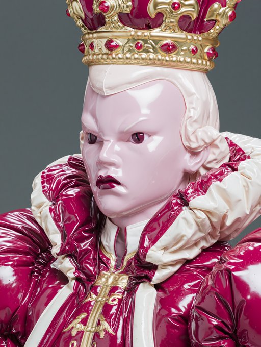 A highly detailed figurine or sculpture of a pale-skinned character with pinkish-white facial features, wearing an ornate gold crown adorned with red jewels and a glossy pink and white royal outfit.