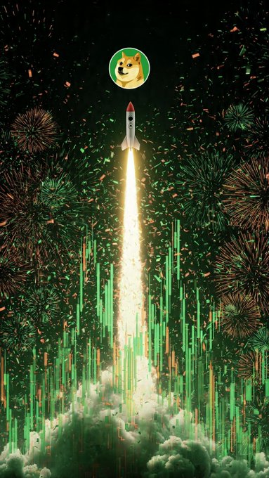 A Dogecoin rocket with the Shiba Inu mascot launches into the sky amid green fireworks and confetti, symbolizing a meme coin rally.