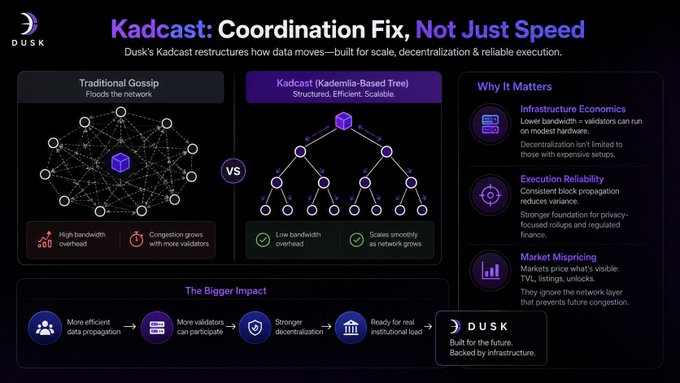 An infographic titled 'Kadcast: Coordination Fix, Not Just Speed' comparing Traditional Gossip vs Kadcast (Kademlia-Based Tree) network structures for the Dusk blockchain.