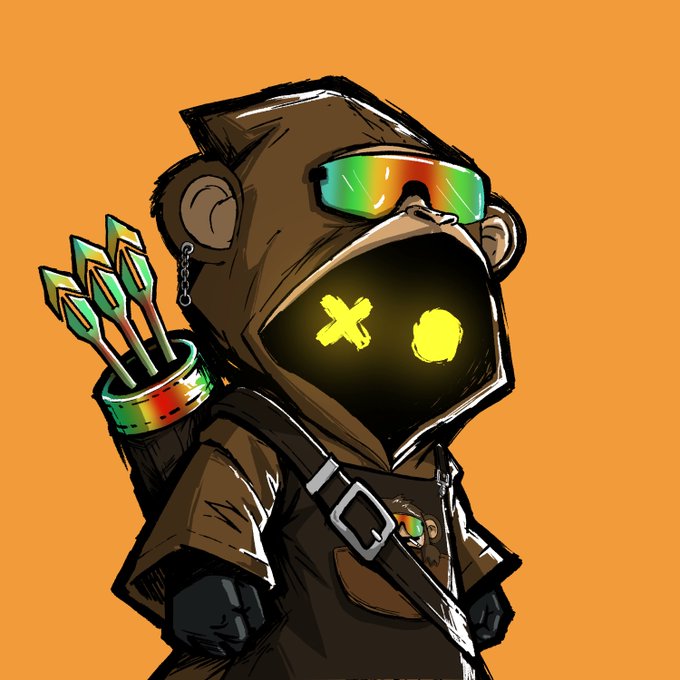 A cartoon bear character wearing reflective green sunglasses and a brown hooded cloak carries a quiver of arrows on its back, with its face obscured by a dark mask displaying glowing yellow "XO" symbols—representing the "X" and "O" marks of a hug or kiss, tying into the playful "Hooja honorary" NFT theme.