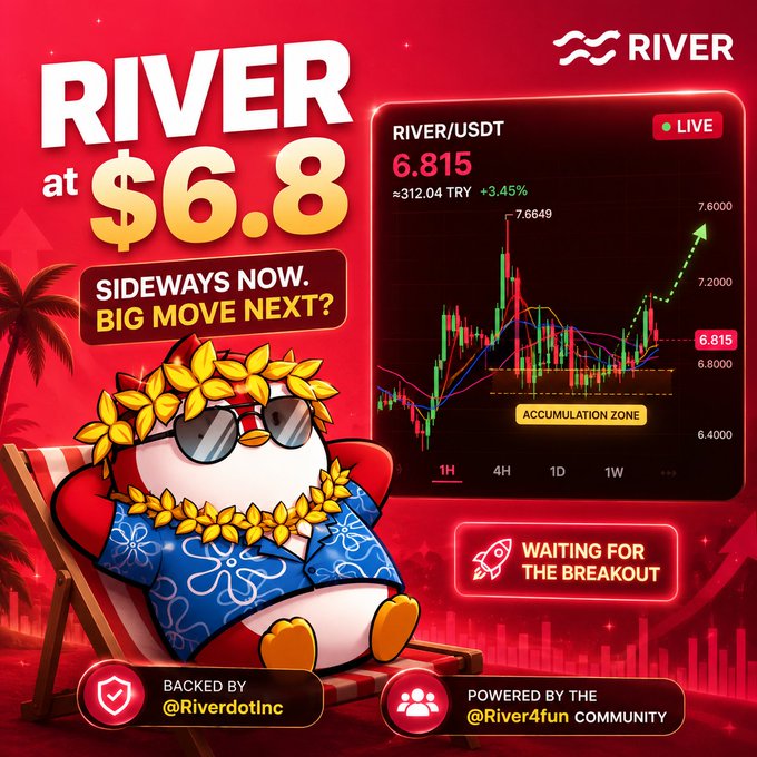 "Riverside's favorite pastime - just coasting sideways for a bit. You feel that? It’s like it's waiting for something big. I trust the @Rivers dot Inc team these guys are grinding away, and I'm all in on RIVER at this price. Gotta average down, right?". The image displays a cartoon character, possibly a penguin or a bird, wearing a wetsuit and sunglasses. It is sitting comfortably on a beach chair under an umbrella, enjoying the moment while appearing to observe the surroundings. In the background of the photo, there is text that reads "River at $6.8", indicating the price for purchasing the item in question.