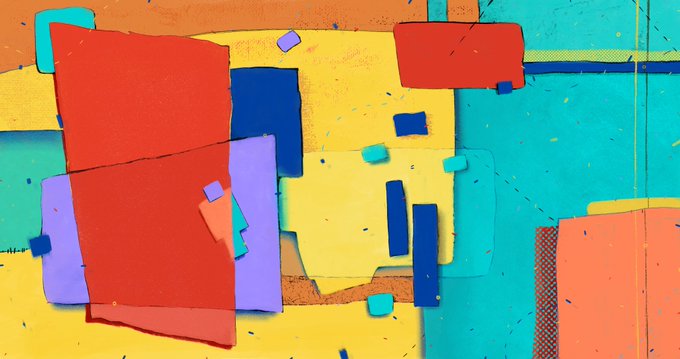 An abstract composition of overlapping geometric shapes in bold colors including red, yellow, blue, turquoise, and purple, resembling a mixed-media collage.