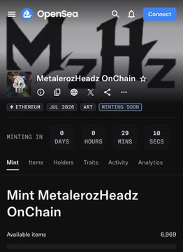 An OpenSea NFT minting page for 'MetalerozHeadz OnChain' on the Ethereum blockchain, showing 0 days, 0 hours, 29 minutes, 10 seconds until minting begins with 6,969 available items.