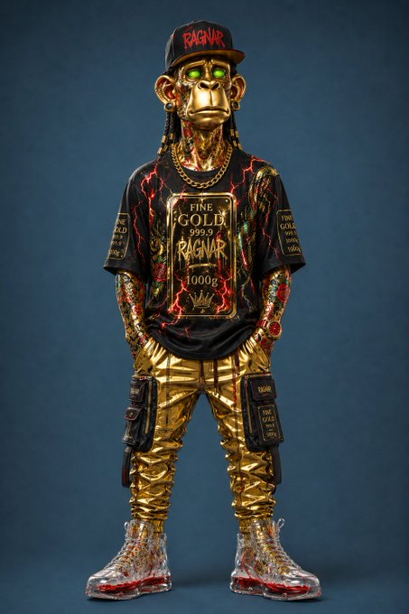 A 3D-rendered golden monkey character wearing a black cap with red 'RAGNAR' text, a black t-shirt reading 'FINE GOLD 999.9 RAGNAR 1000g', gold chain, gold pants, cargo pockets, and gold sneakers, standing against a dark blue background.
