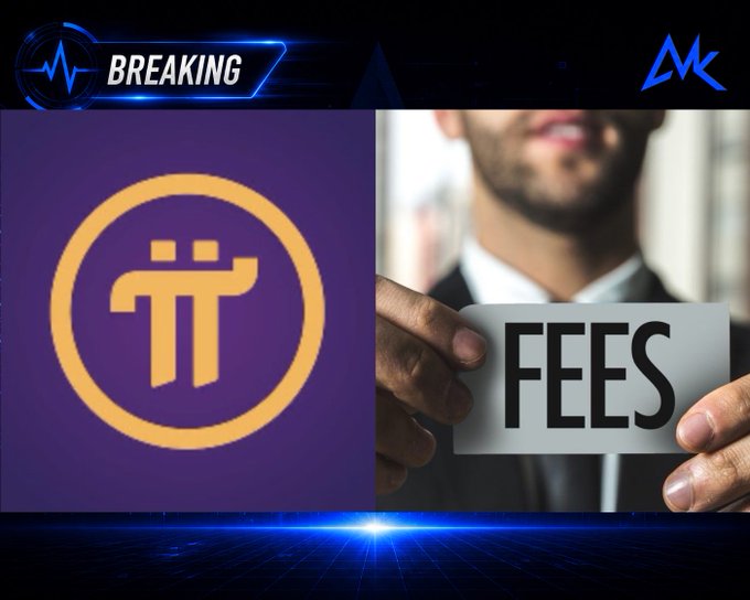 A news graphic with a 'BREAKING' banner showing the Pi Network logo next to a person holding a card that says 'FEES', with an 'MK' logo in the corner.