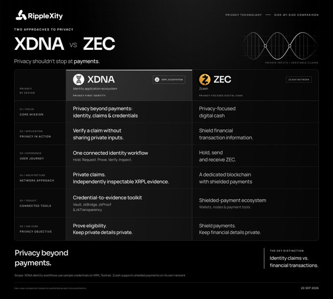A RippleXity comparison chart contrasts $XDNA's privacy-first identity application on the XRPL ecosystem with $ZEC's privacy-focused digital cash on a shielded Zcash network, highlighting how $XDNA extends privacy beyond transactions into identity claims, credentials, and eligibility verification—giving it broader real-world utility than ZEC's purely payment-focused design.