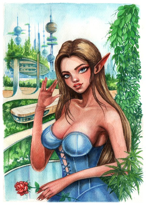 A fantasy illustration portrays an elf woman with pointed ears wearing a blue corset dress, set against a futuristic cityscape with greenery and a single red rose.