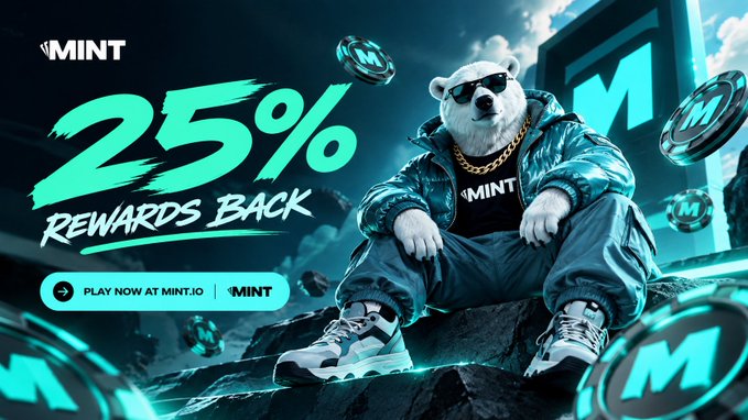 The image is a promotional graphic for MINT featuring an anthropomorphic polar bear wearing sunglasses and a "MINT" hoodie sitting among floating teal "M" coins, advertising "25% Rewards Back" with a call-to-action button to "PLAY NOW AT MINT.IO." It visually reinforces the post's message about MINT's 25% rakeback promotion, emphasizing the crypto-style rewards theme through the floating coin imagery and cool teal branding.