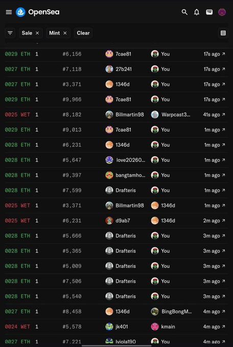 An OpenSea activity feed showing multiple NFT sales transactions with various ETH and WETH prices, buyer/seller usernames, and timestamps ranging from 17 seconds to 4 minutes ago.