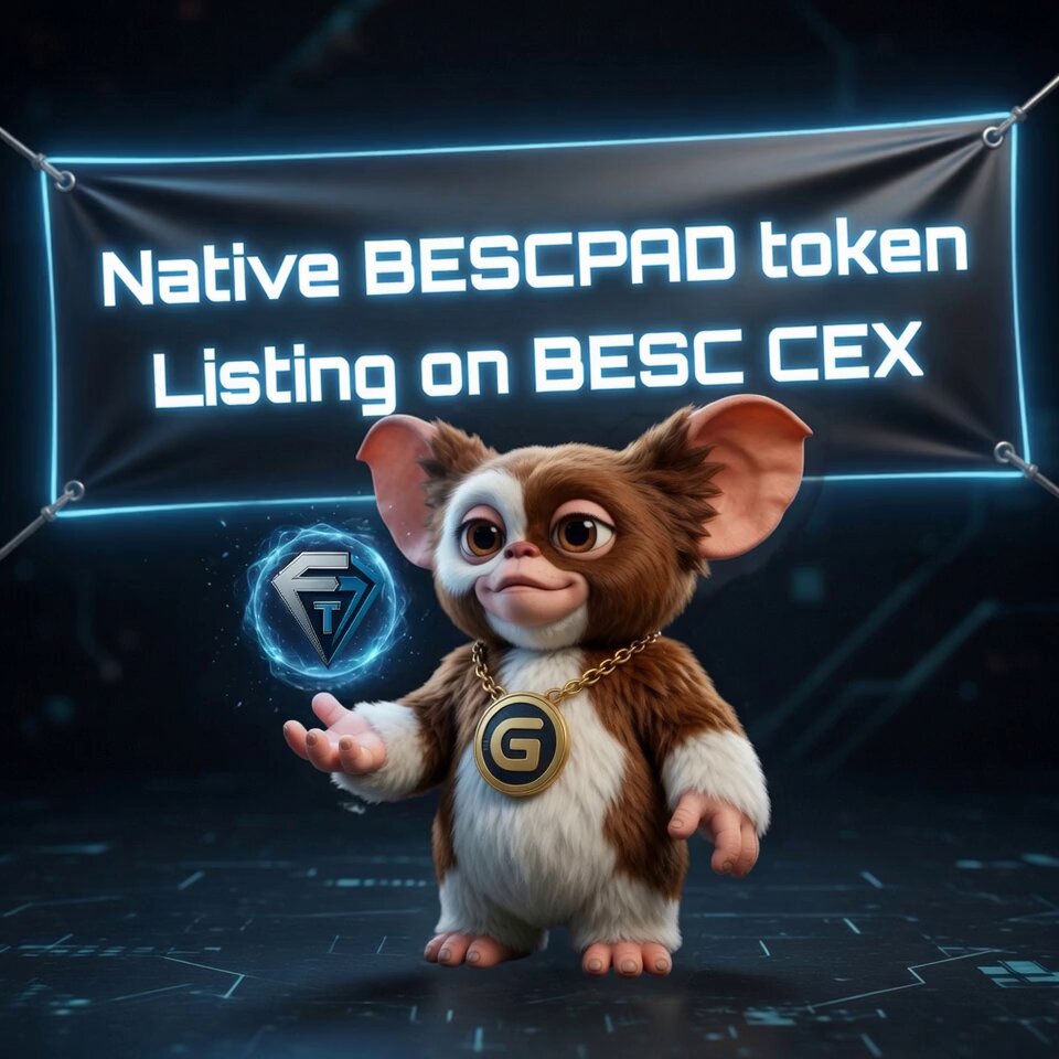 The image features a cartoon mouse dressed in a shiny gold chain necklace and holding a blue crystal ball. The mouse appears to be standing on a black floor against a dark background with neon lights. In front of the mouse, there's an advertisement for a game called "Native BESCpad token listing on BESC CEX".