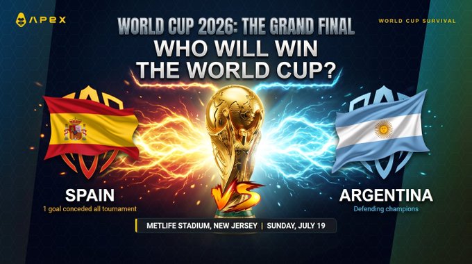 A promotional graphic for APEX's "World Cup Survival" featuring the World Cup 2026 Grand Final matchup between Spain and Argentina at MetLife Stadium on Sunday, July 19, with their respective flags flanking the golden World Cup trophy, highlighting Spain's "1 goal conceded all tournament" stat against Argentina as the "Defending champions" — directly supporting the post's preview of the final showdown between Messi's last World Cup and Yamal's first.