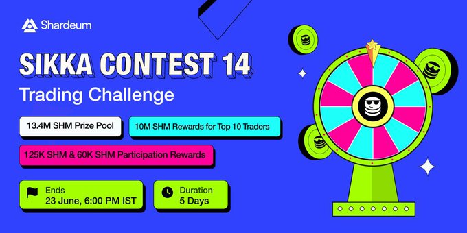 The image features a colorful spinning wheel with a person's face on it, which appears to be part of an advertisement for a trading challenge called "Sikka Contest 14". The background of the image is blue, and there are several texts written in white that provide information about the contest. The text mentions that the contest will run from 23rd June until 5th July at 6:00 PM, and it encourages participants to share their experiences on social media using the hashtag #sikacontest14.