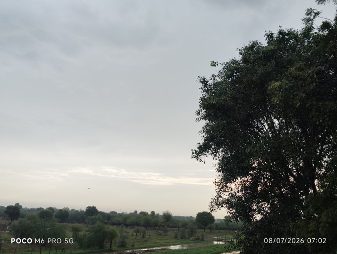 An early morning landscape photo taken with a POCO M6 PRO 5G, timestamped 08/07/2026 07:02, showing a cloudy sky above a field and a large tree on the right.