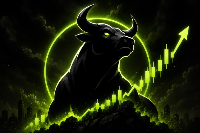A powerful black bull with glowing green eyes stands before a neon green circle, surrounded by an ascending green candlestick chart and arrow against a dark city skyline—visually reinforcing the "Bullposting" rallying cry for the $POST token, where every bullish post fuels another upward "candle" in the movement's momentum.