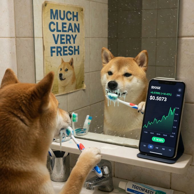 A Shiba Inu brushes its teeth in a bathroom mirror while a phone displays a Dogecoin chart showing DOGE at $0.5073 (+18.42%), humorously illustrating the "multitasking pro" vibe of balancing crypto trading with everyday self-care. A poster on the wall reads "MUCH CLEAN VERY FRESH," echoing the Doge meme style and tying together the meme coin theme with the dog's fresh morning routine.